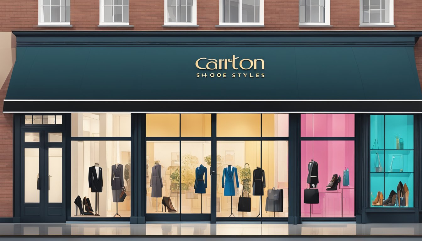 A modern, sleek storefront with bold signage showcasing the latest Carlton London shoe styles and trends. Vibrant colors and clean lines draw in fashion-forward customers