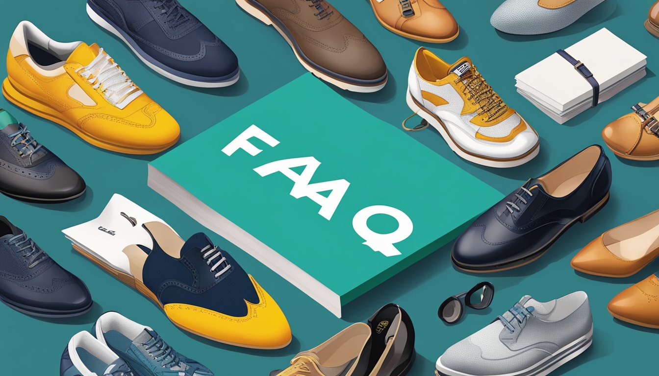 A stack of FAQ cards with "Carlton London" logo, surrounded by a diverse range of shoes and accessories