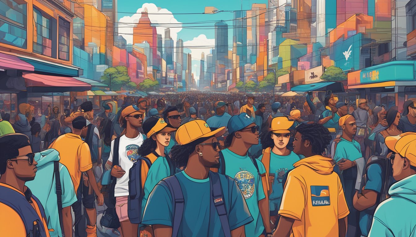 A crowded urban street with diverse people wearing iconic Australian streetwear brands. Bold logos and vibrant colors stand out against the city backdrop