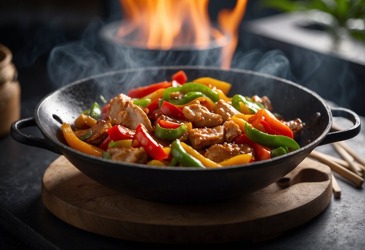 A sizzling wok stir-fries chicken and bell peppers in a fragrant Chinese sauce