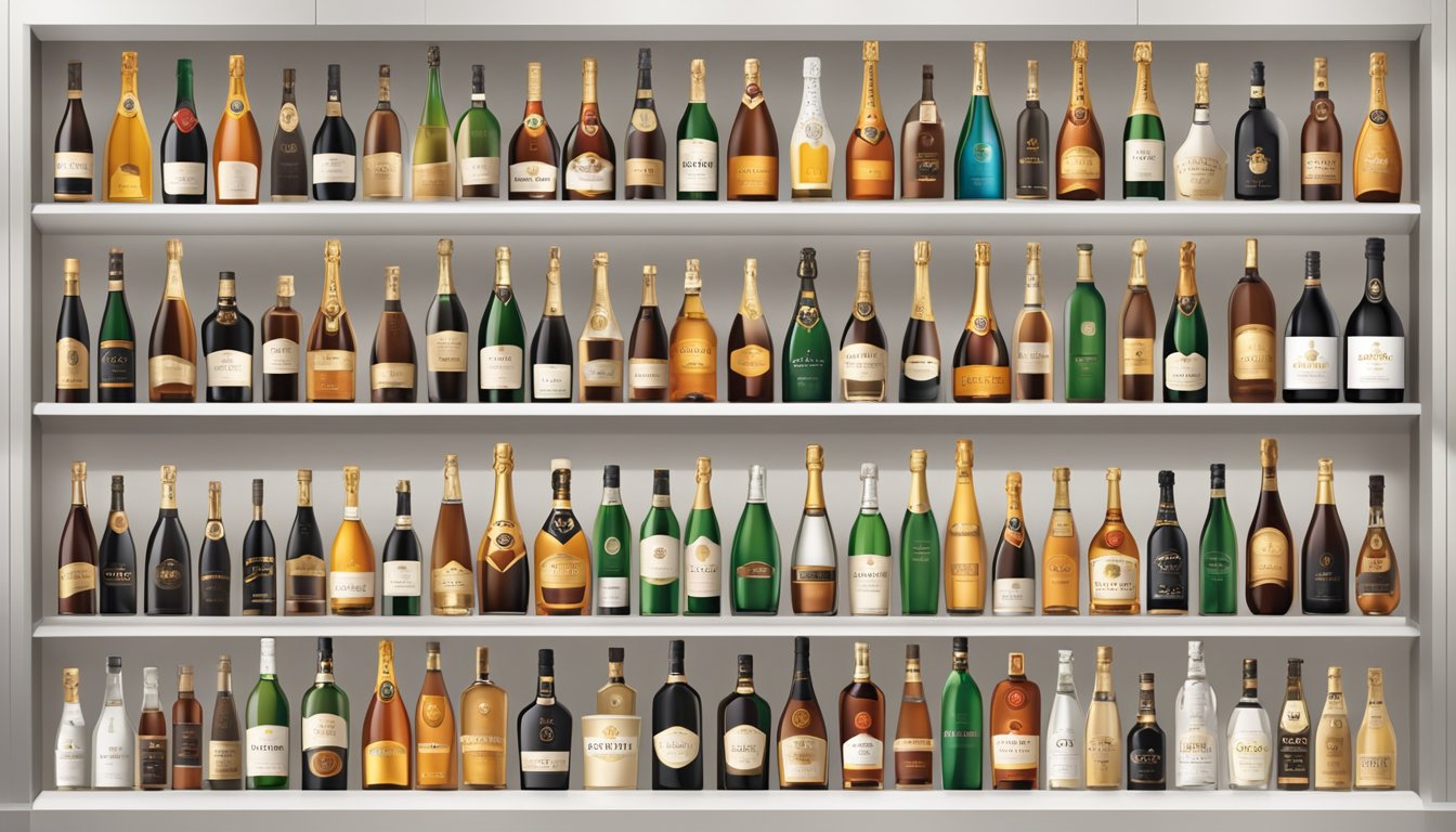 Bottles of champagne and cognac brands arranged on a sleek, modern bar display