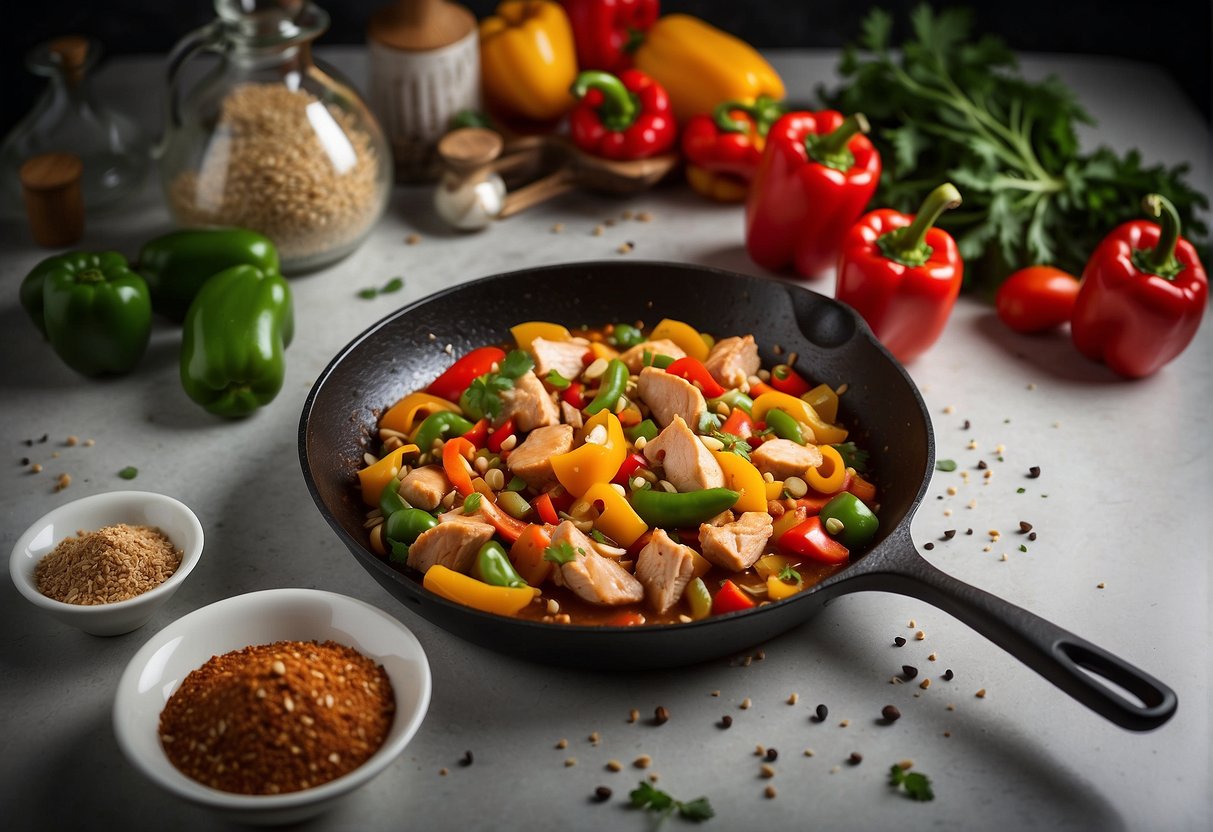 A skillet sizzling with diced chicken and colorful bell peppers in a savory Chinese sauce, surrounded by aromatic spices and herbs