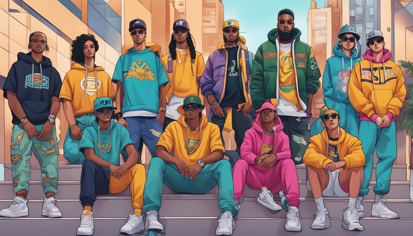 A group of diverse people wearing Australian streetwear brands gather in a vibrant urban setting, showcasing their unique styles and cultural influences