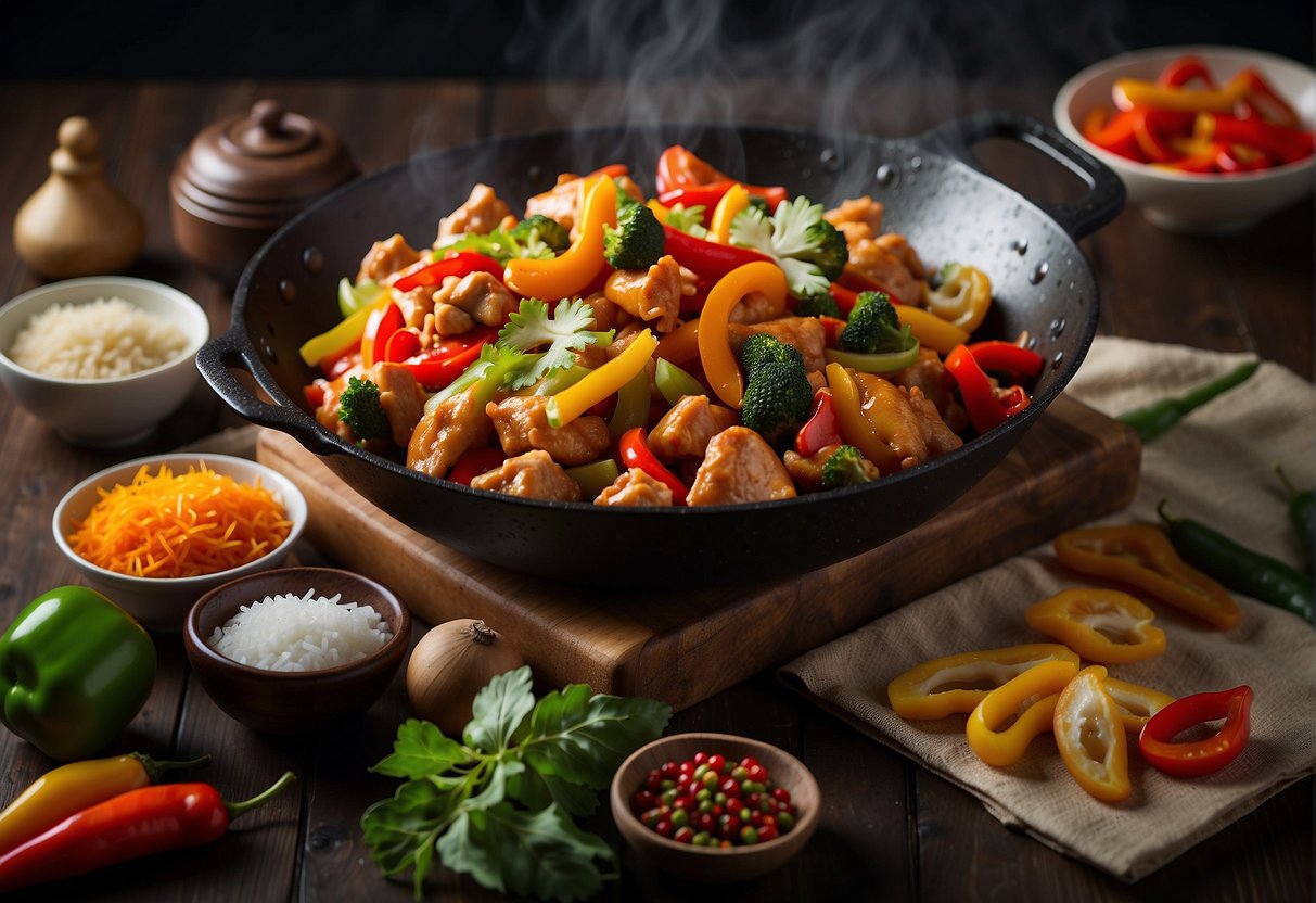 A sizzling skillet with stir-fried chicken and vibrant bell peppers, surrounded by traditional Chinese cooking ingredients and possible substitutions