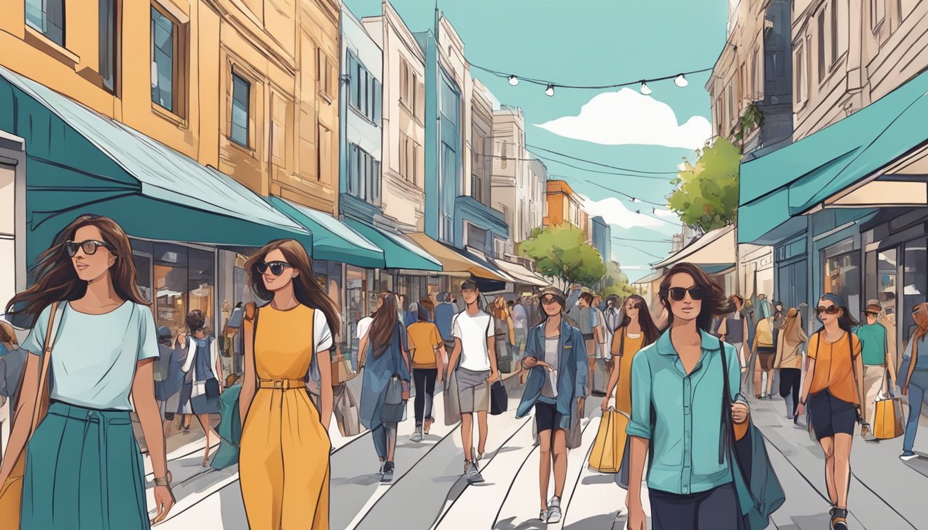 A bustling Australian street lined with trendy shops and young people wearing stylish urban fashion