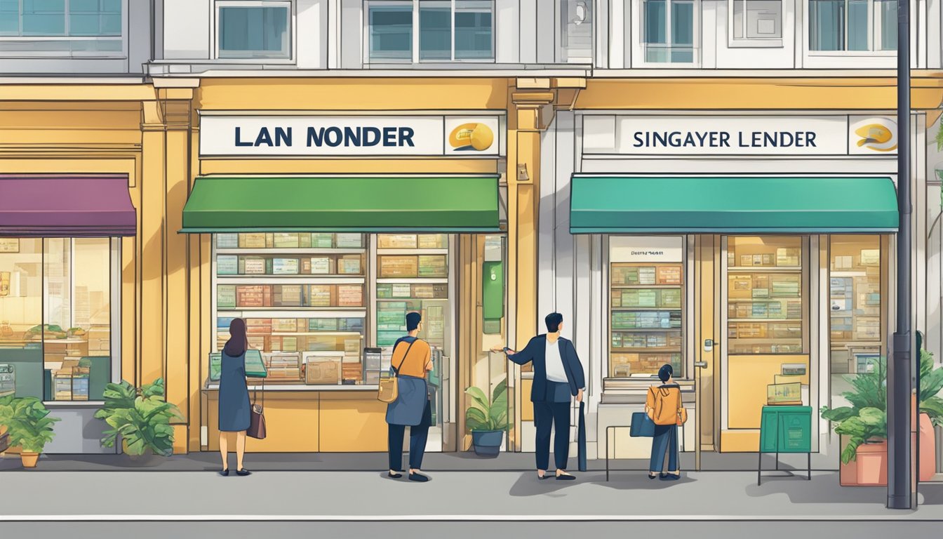 Various loan types displayed with a prominent "Top Money Lender in Singapore" sign. Customers inquiring about loan availability