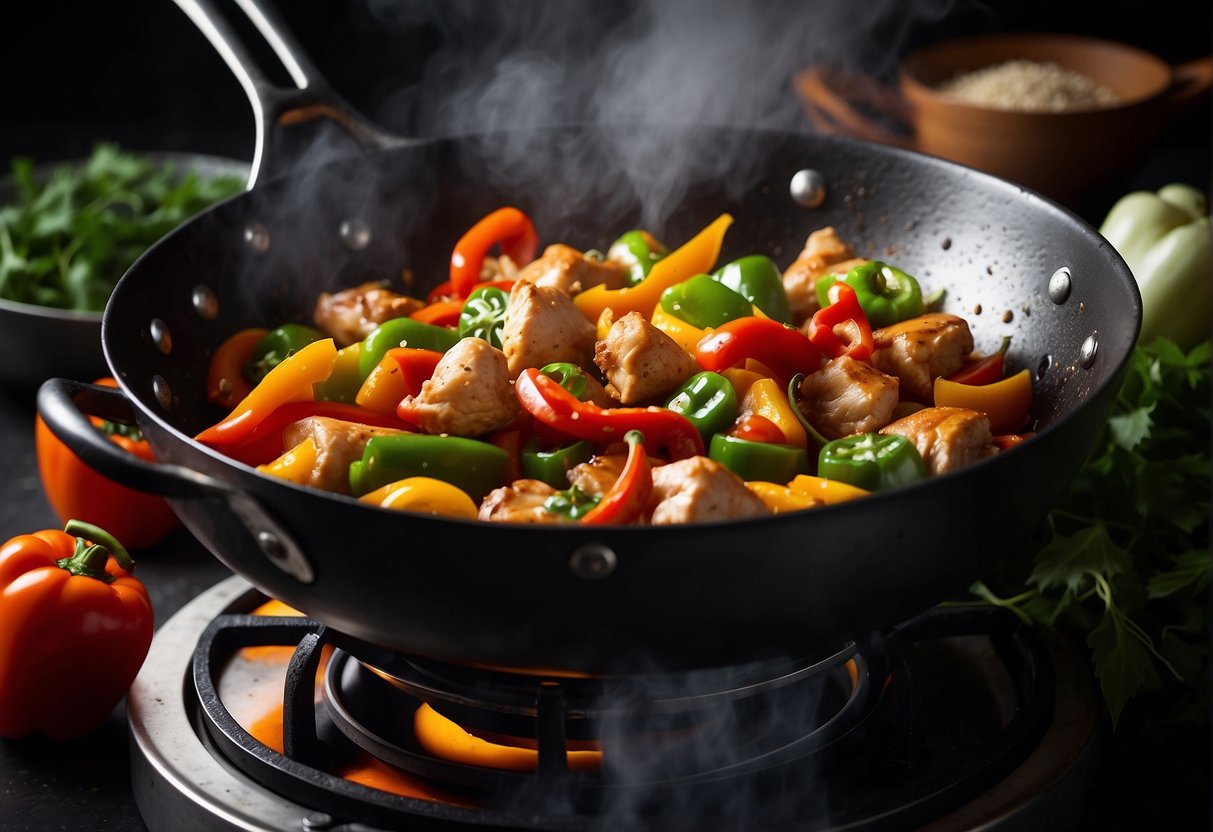 Sizzling chicken and bell peppers stir-frying in a wok with Chinese spices. Steam rises as the chef tosses the ingredients with precision