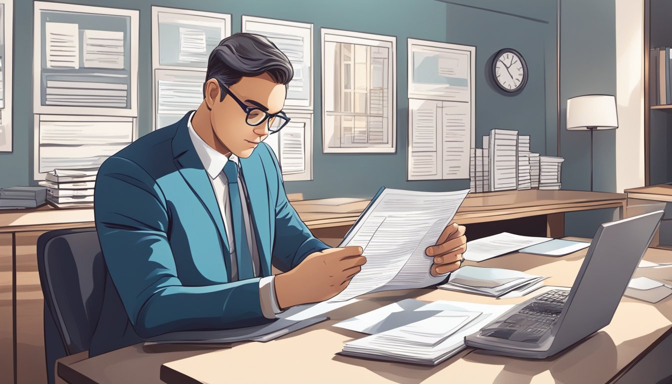 A person sits at a desk, filling out forms. A bank representative reviews documents and discusses terms. The atmosphere is professional and businesslike