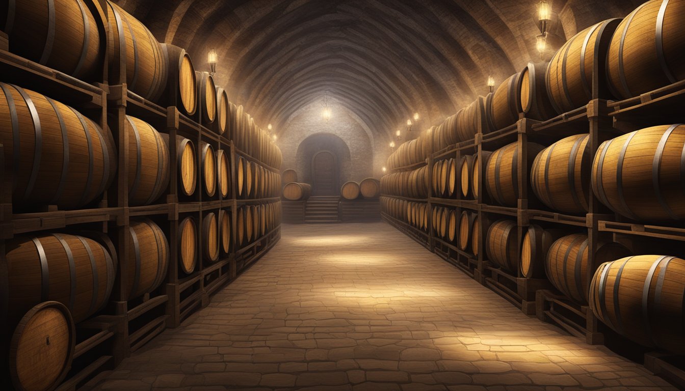 Bottles of champagne and cognac aging in dimly lit cellars. Dusty barrels and cobweb-covered bottles line the walls, creating an atmosphere of history and refinement
