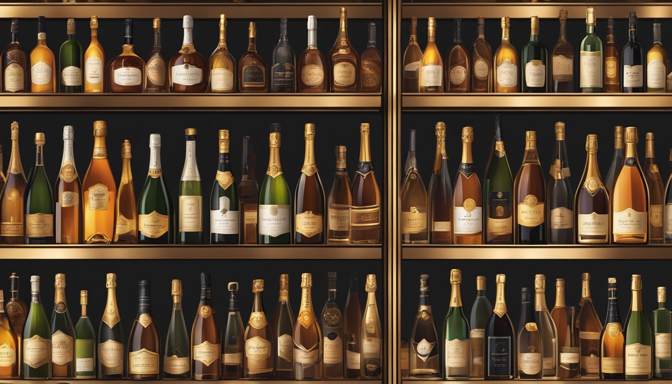 Bottles of champagne cognac brands line a dimly lit cellar, their golden labels catching the soft glow of overhead lights. Aromas of oak, vanilla, and dried fruits fill the air, creating a rich sensory experience