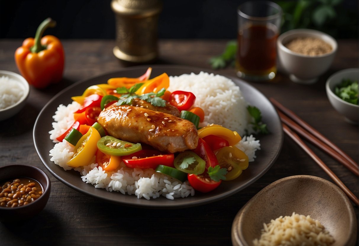 A plate of chicken with bell peppers sits next to a bowl of steamed rice. A pair of chopsticks rests on the side. A bottle of soy sauce and a glass of water complete the setting