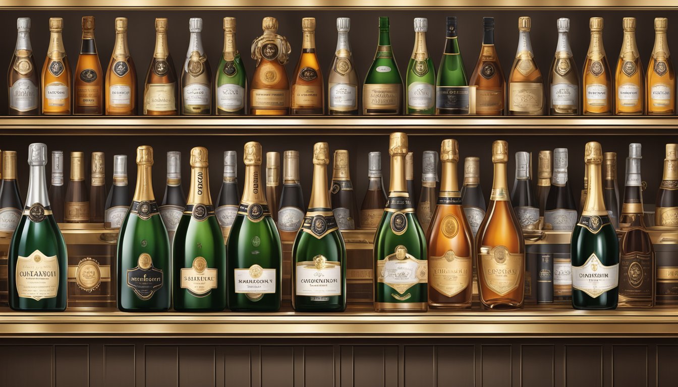 Bottles of iconic champagne cognac brands displayed on a luxurious bar shelf