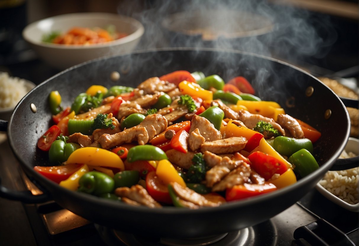 A sizzling wok stir-fries chicken and bell peppers in a fragrant Chinese kitchen