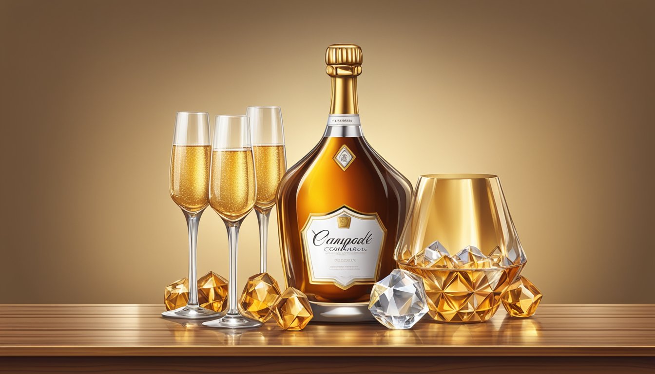 A bottle of Champagne Cognac sits on a polished wooden table, surrounded by elegant crystal glasses and a shimmering gold label