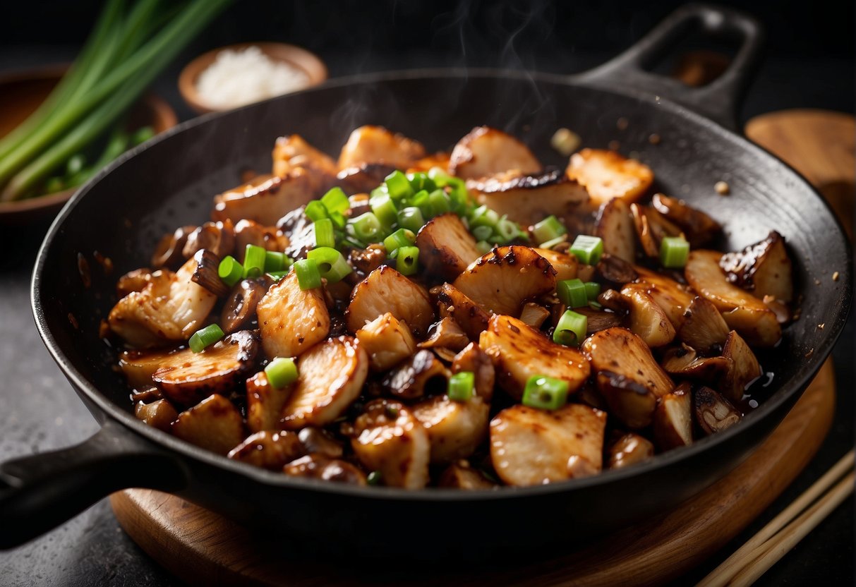 A sizzling wok filled with tender chunks of chicken, earthy shiitake mushrooms, and vibrant green onions, all bathed in a savory, glossy sauce