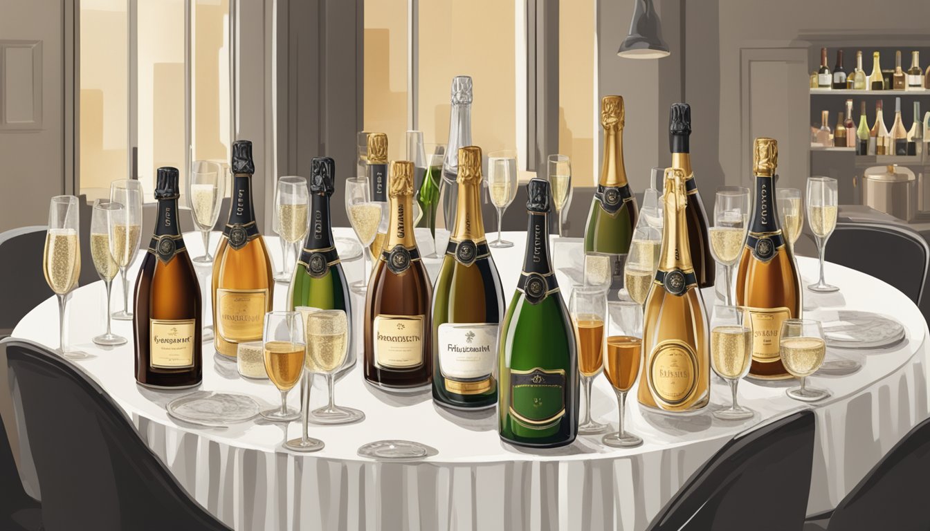 A table with various champagne and cognac bottles, with a sign reading "Frequently Asked Questions" above them