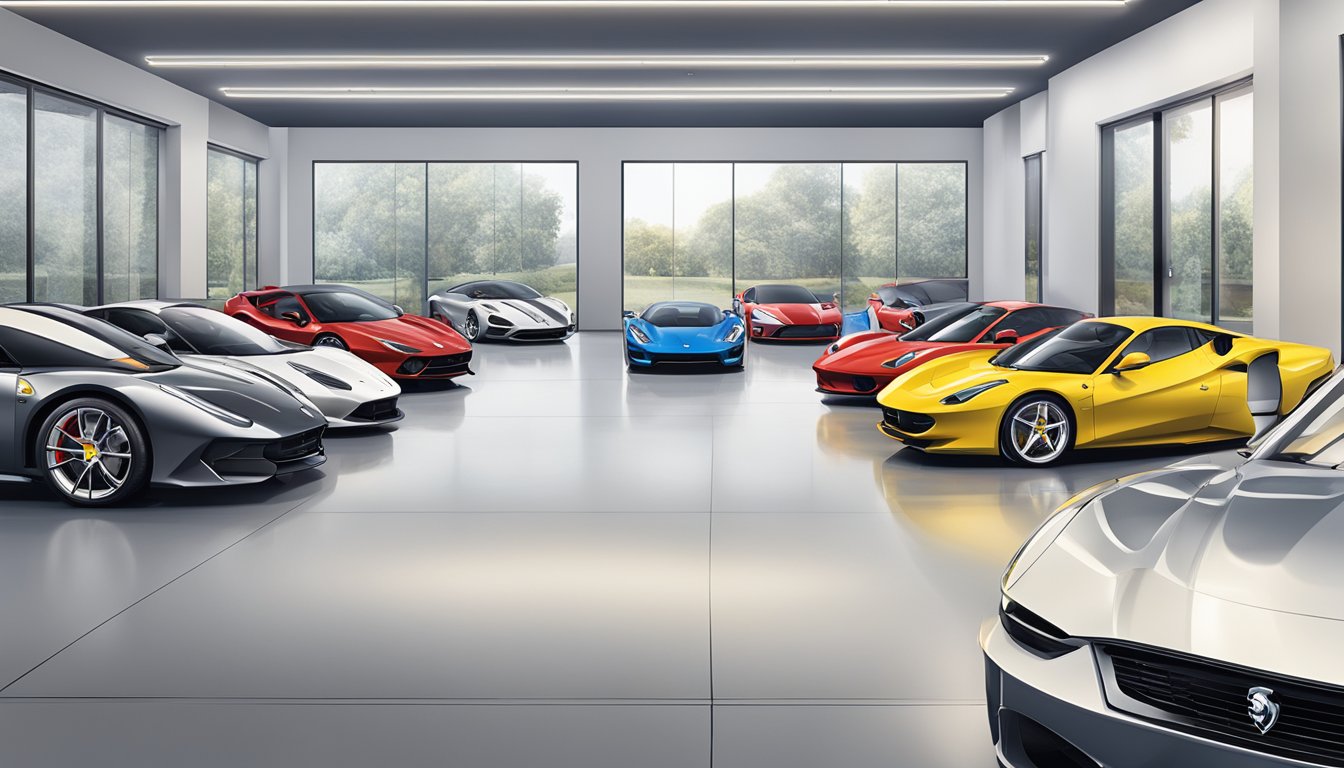A lineup of iconic car brands starting with 'F' displayed in a showroom, including Ferrari, Ford, and Fiat