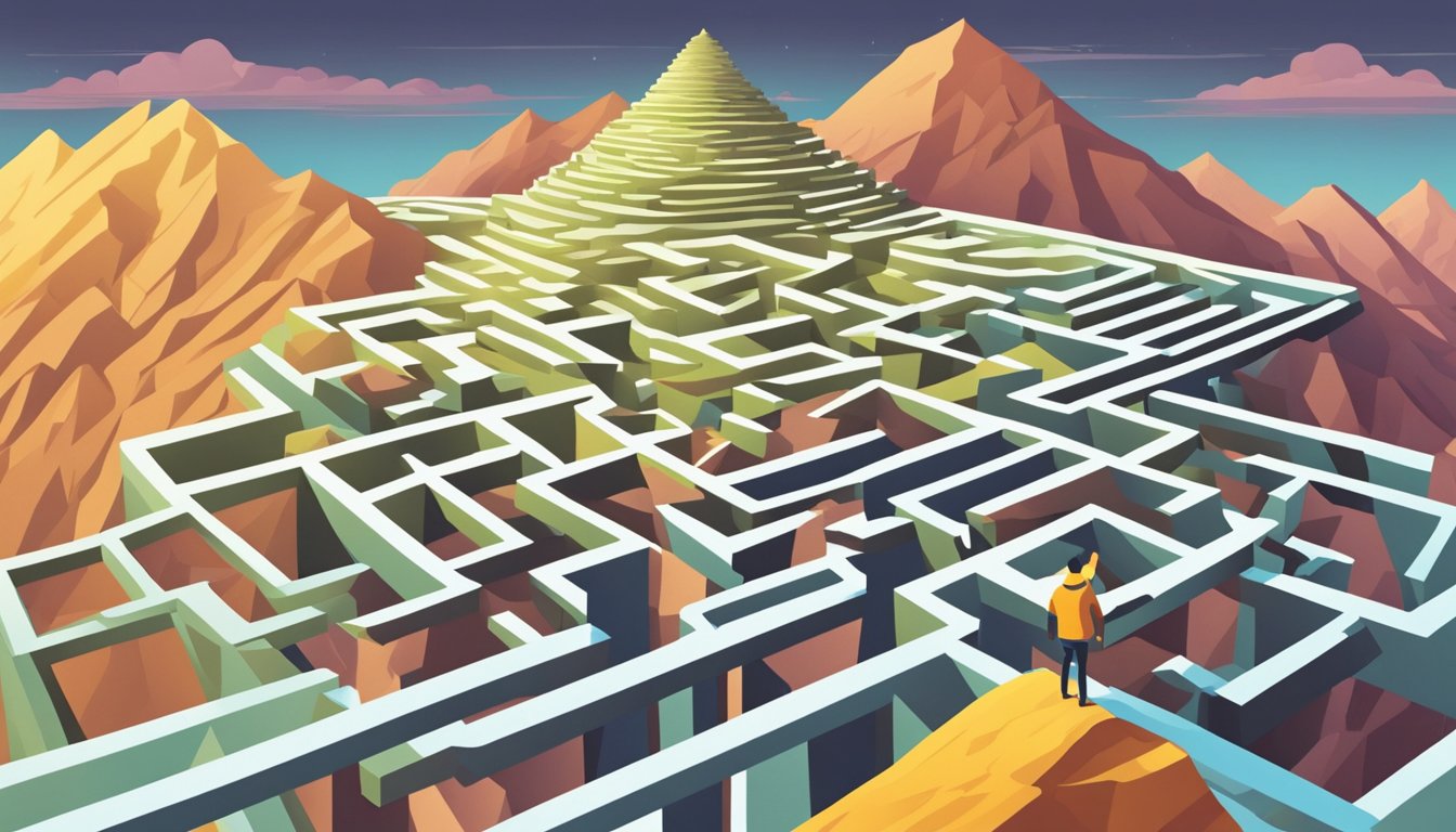 A person successfully navigating through a maze of obstacles and pitfalls, reaching the top of a mountain with a clear view ahead