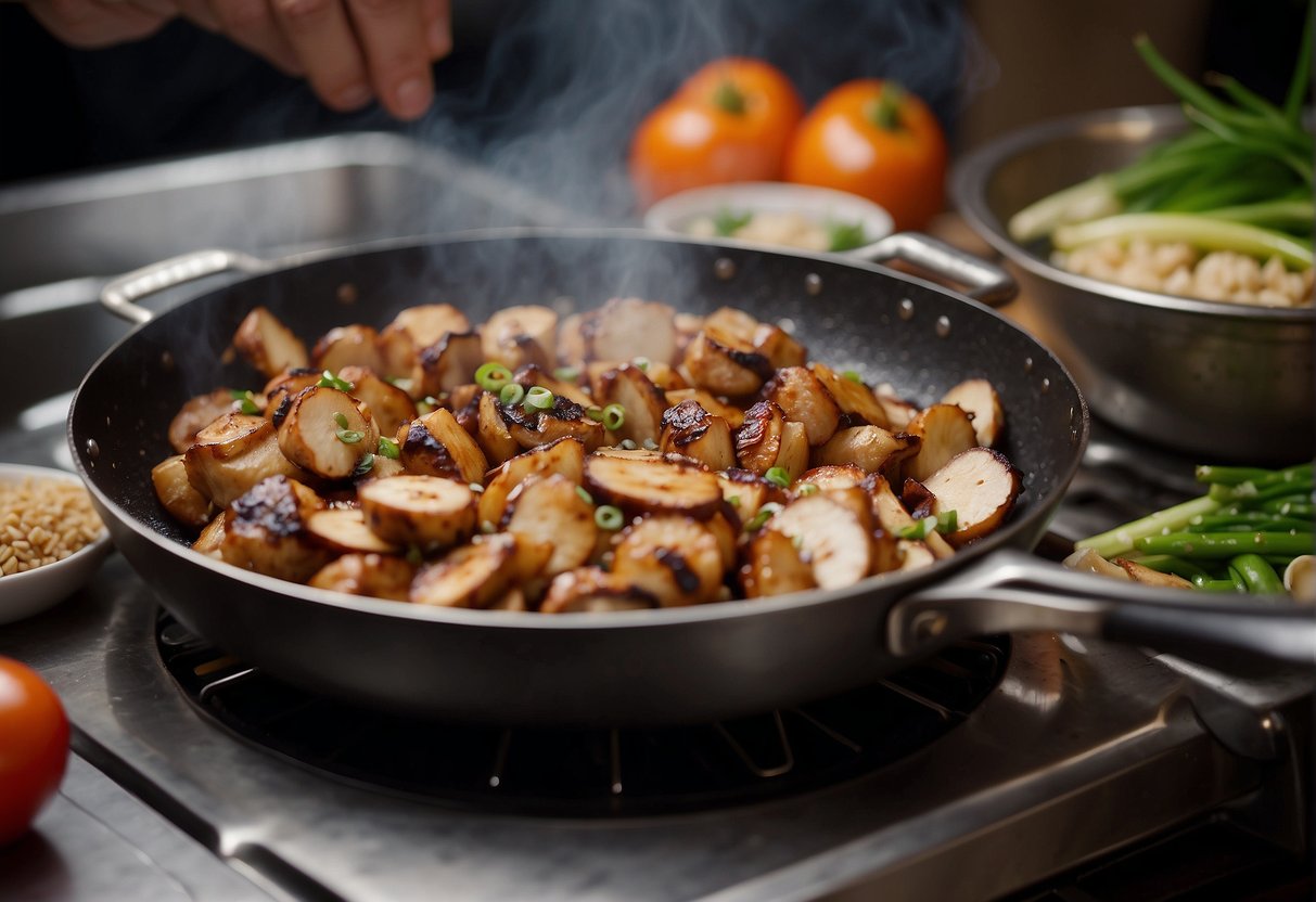 A sizzling wok cooks marinated chicken and shiitake mushrooms, filling the air with savory aromas. Ginger, garlic, and soy sauce add depth to the dish