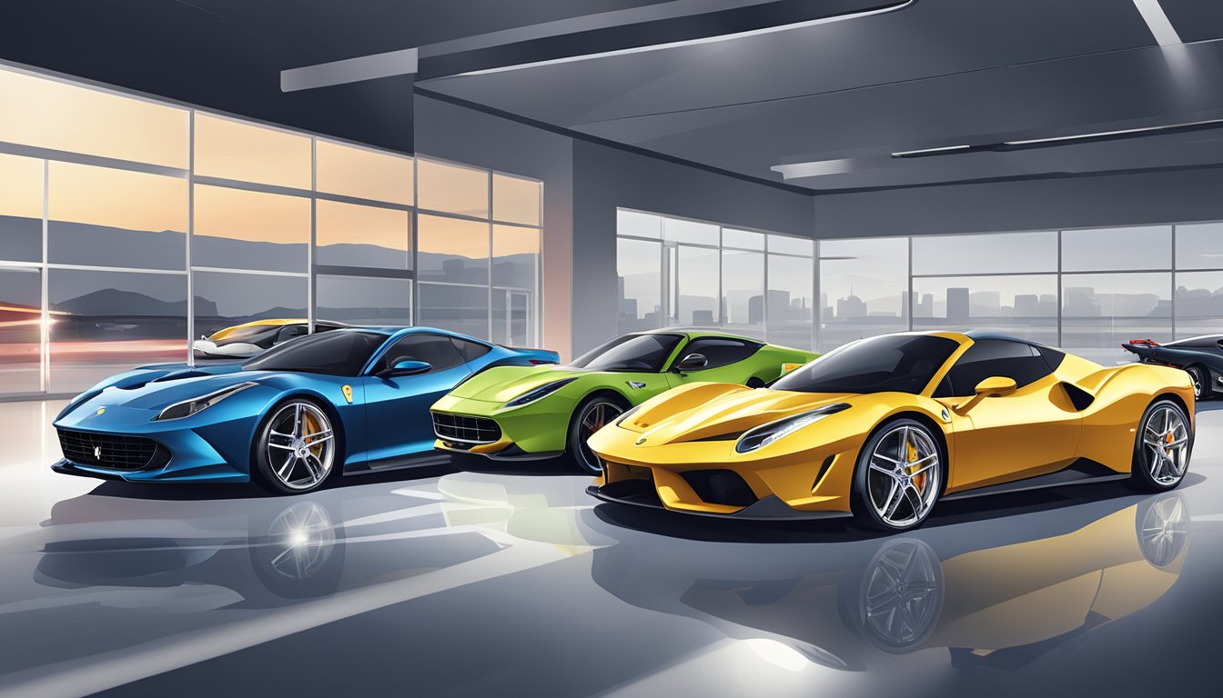 Sleek, powerful cars from Ferrari, Ford, and Fiat lined up on a showroom floor, gleaming under bright lights