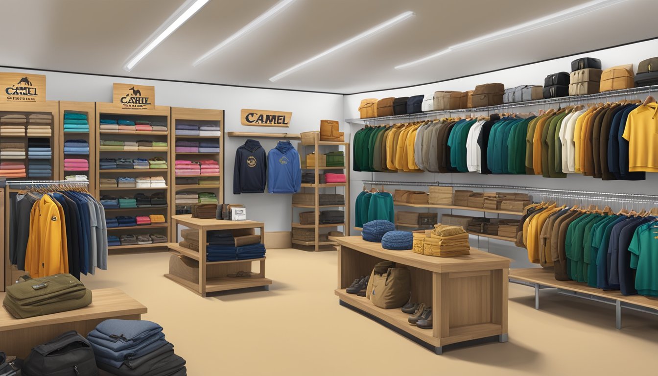 A lineup of Camel brand products, including clothing, accessories, and outdoor gear, displayed on shelves in a retail store