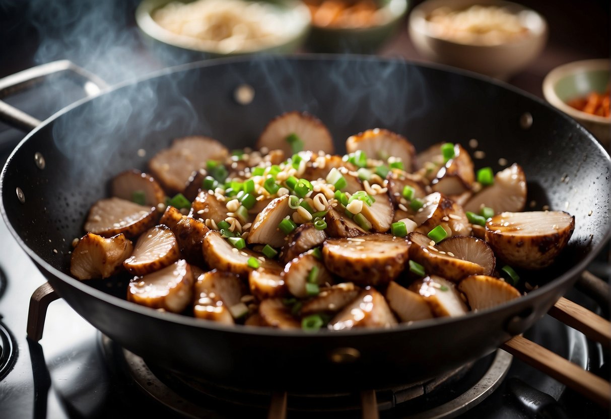 Sliced chicken and shiitake mushrooms sizzle in a wok with soy sauce and ginger. Green onions and garlic add fragrance to the air