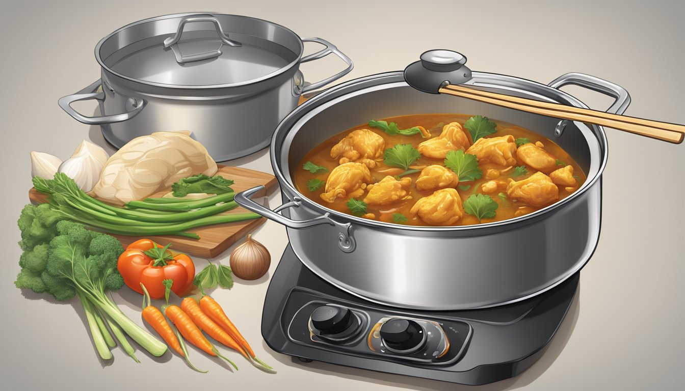 A steaming pot of Ayam Brand curry chicken simmering on a stove, emitting a tantalizing aroma. Vegetables and chunks of tender chicken are visible in the rich, fragrant sauce