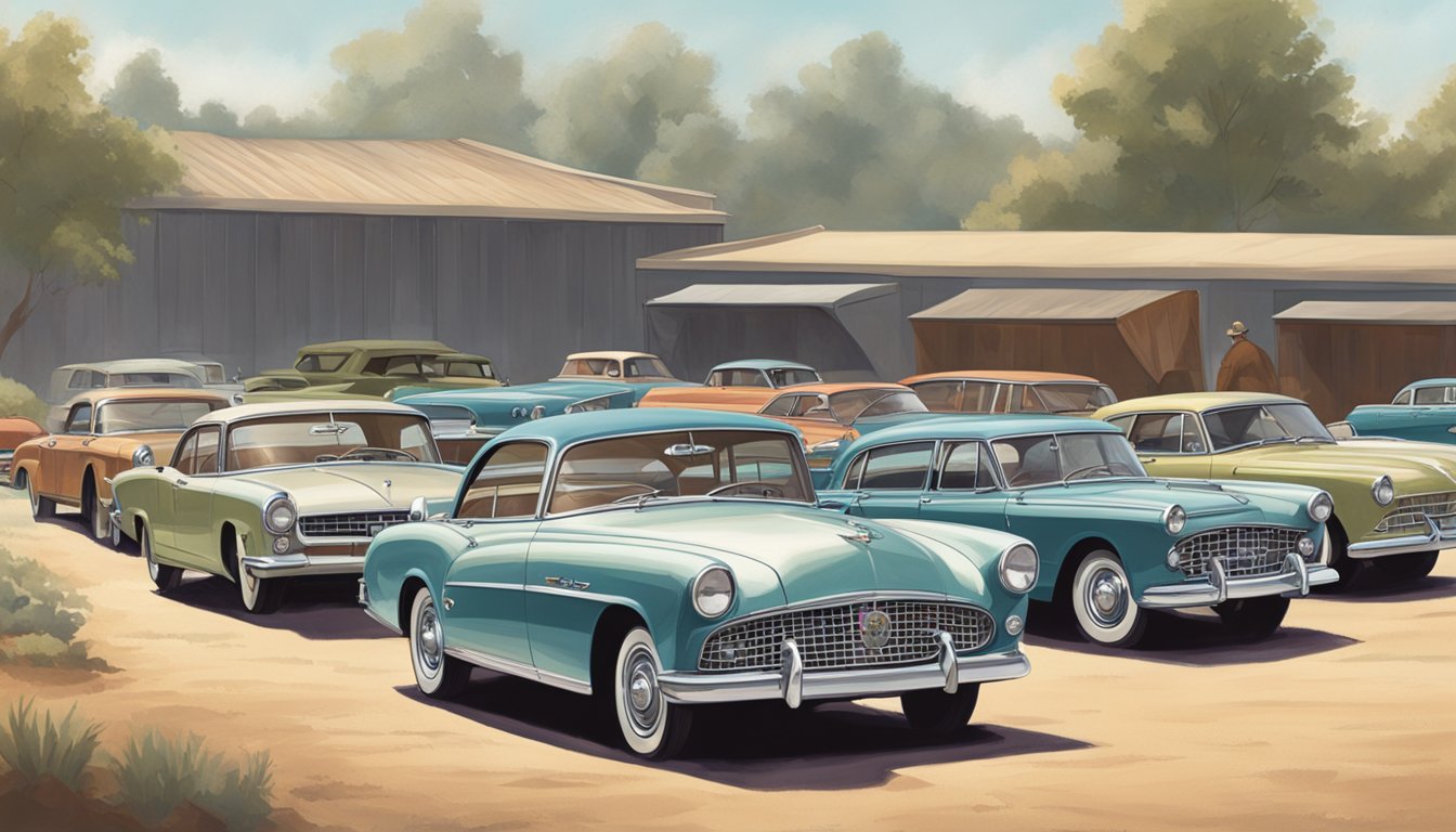 Vintage cars lined up in a dusty lot, featuring defunct car brands starting with "F" like Franklin, Frazer, and Facel Vega