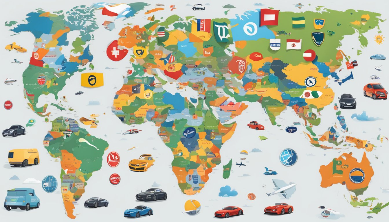 A world map with iconic 'F' car brand logos scattered across different continents, showcasing their global influence