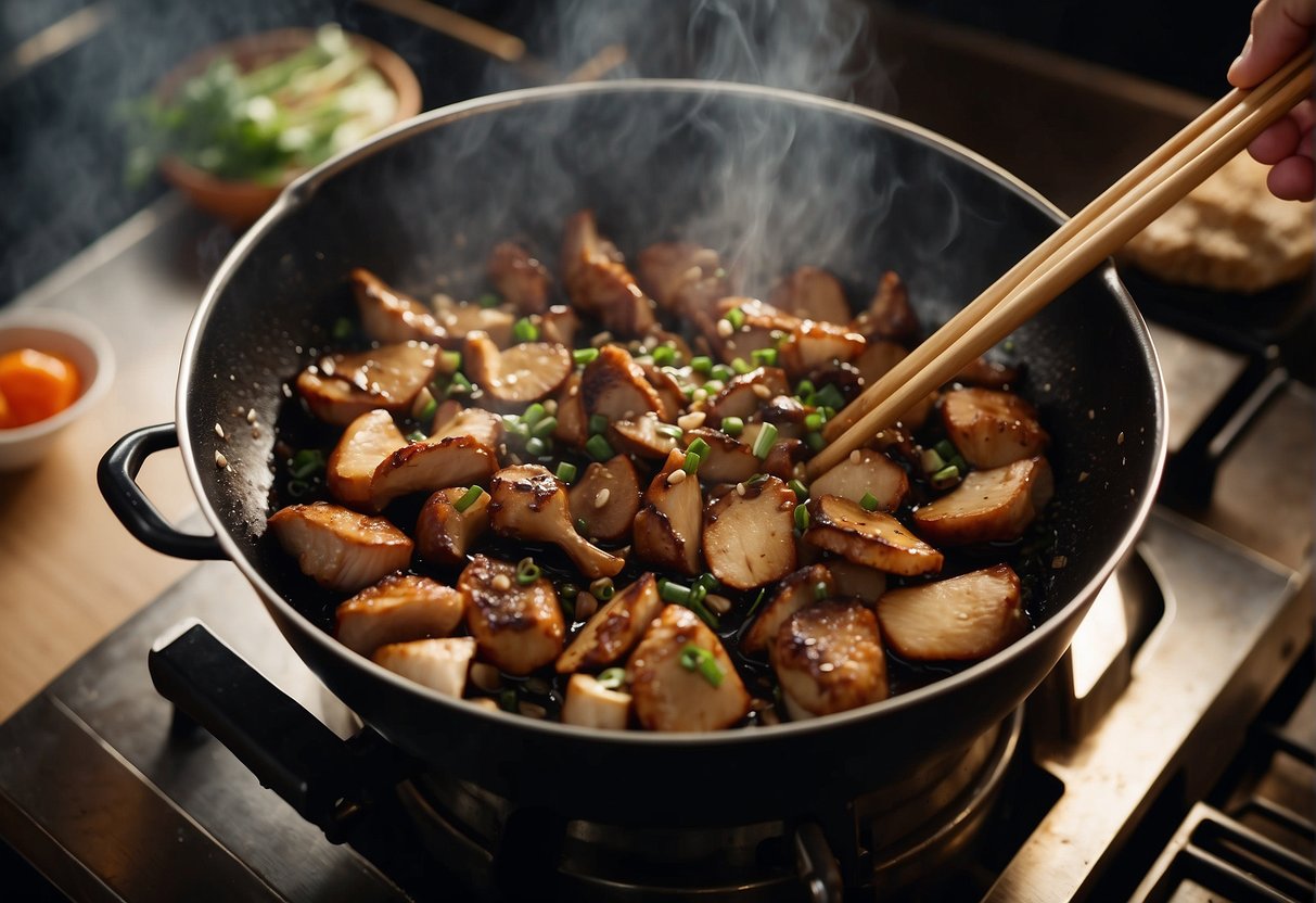 Chicken and shiitake mushrooms sizzle in a wok with soy sauce and ginger. Steam rises as the ingredients are tossed and stirred over a high flame