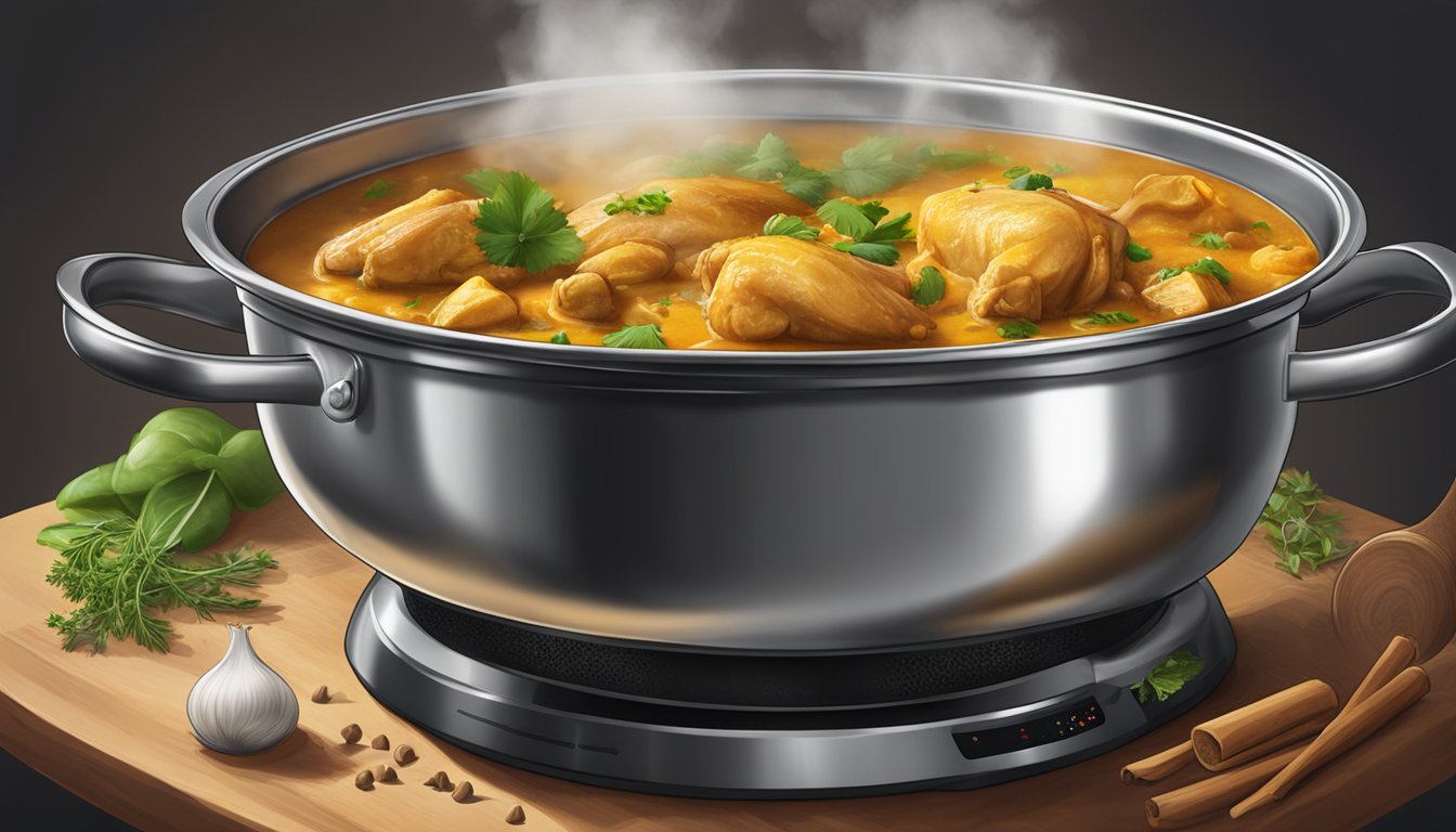 A steaming pot of Ayam Brand curry chicken simmering on a stove, surrounded by aromatic spices and fresh herbs