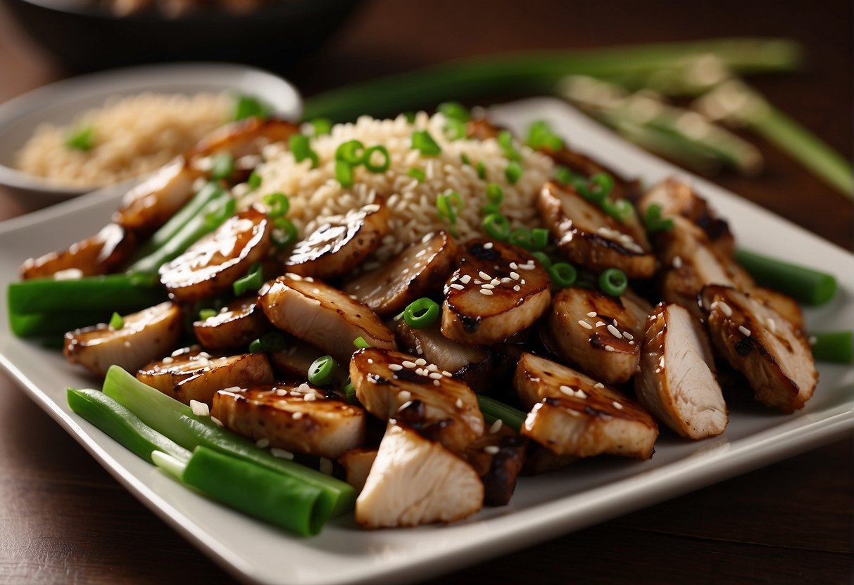 A plate of sliced chicken stir-fried with shiitake mushrooms and green onions, garnished with sesame seeds and served on a traditional Chinese dish