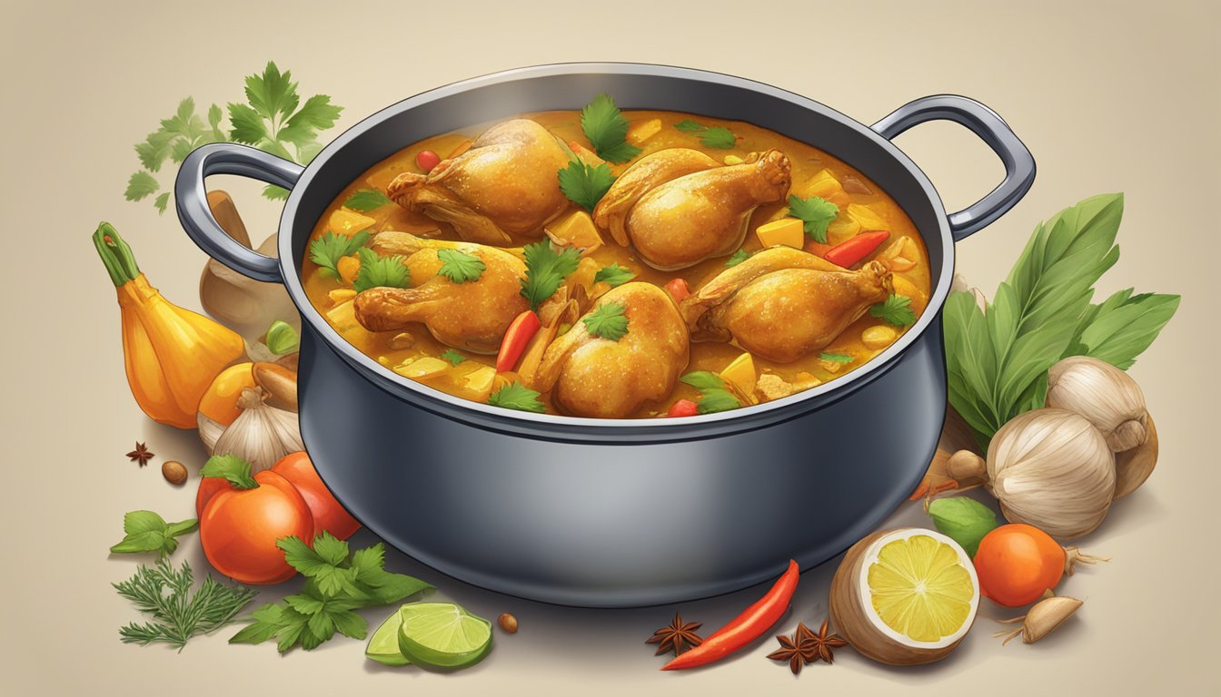 A pot simmers with Ayam Brand curry chicken, surrounded by colorful spices and herbs