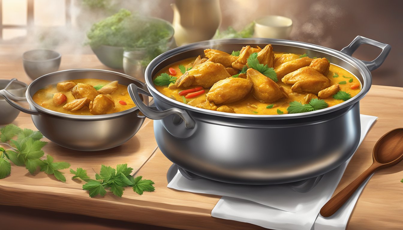 A steaming pot of Ayam Brand curry chicken with vibrant spices and herbs, emitting a tantalizing aroma
