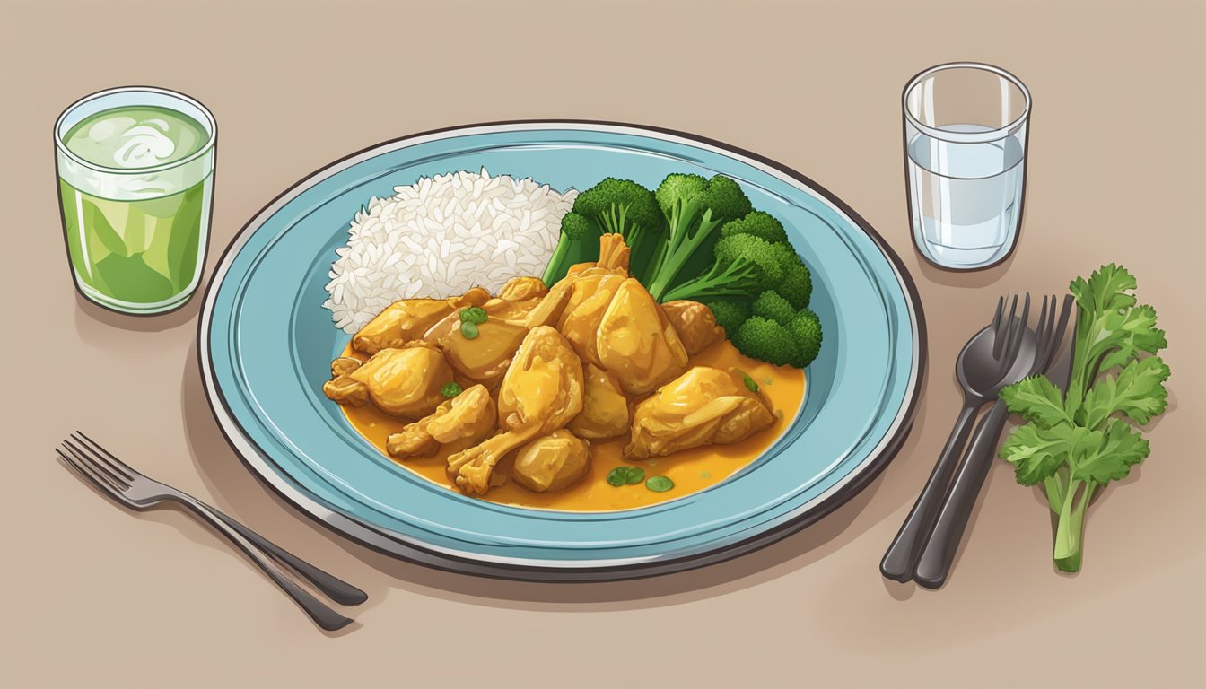 A plate of Ayam Brand curry chicken with a side of steamed vegetables, rice, and a glass of water. The curry chicken is rich in flavor with tender pieces of meat in a creamy sauce