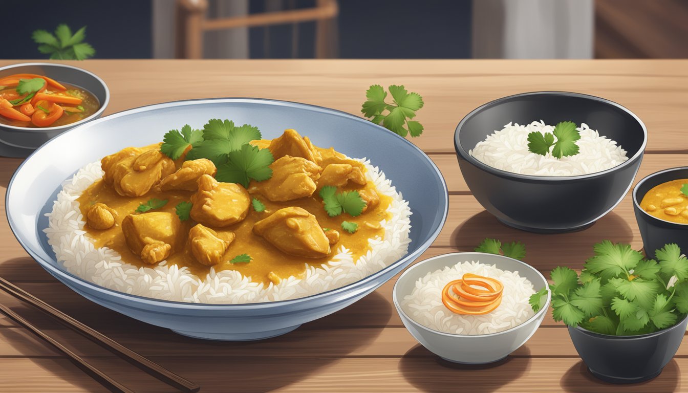 A steaming bowl of Ayam Brand curry chicken sits on a wooden table, garnished with fresh cilantro and served with a side of fluffy white rice