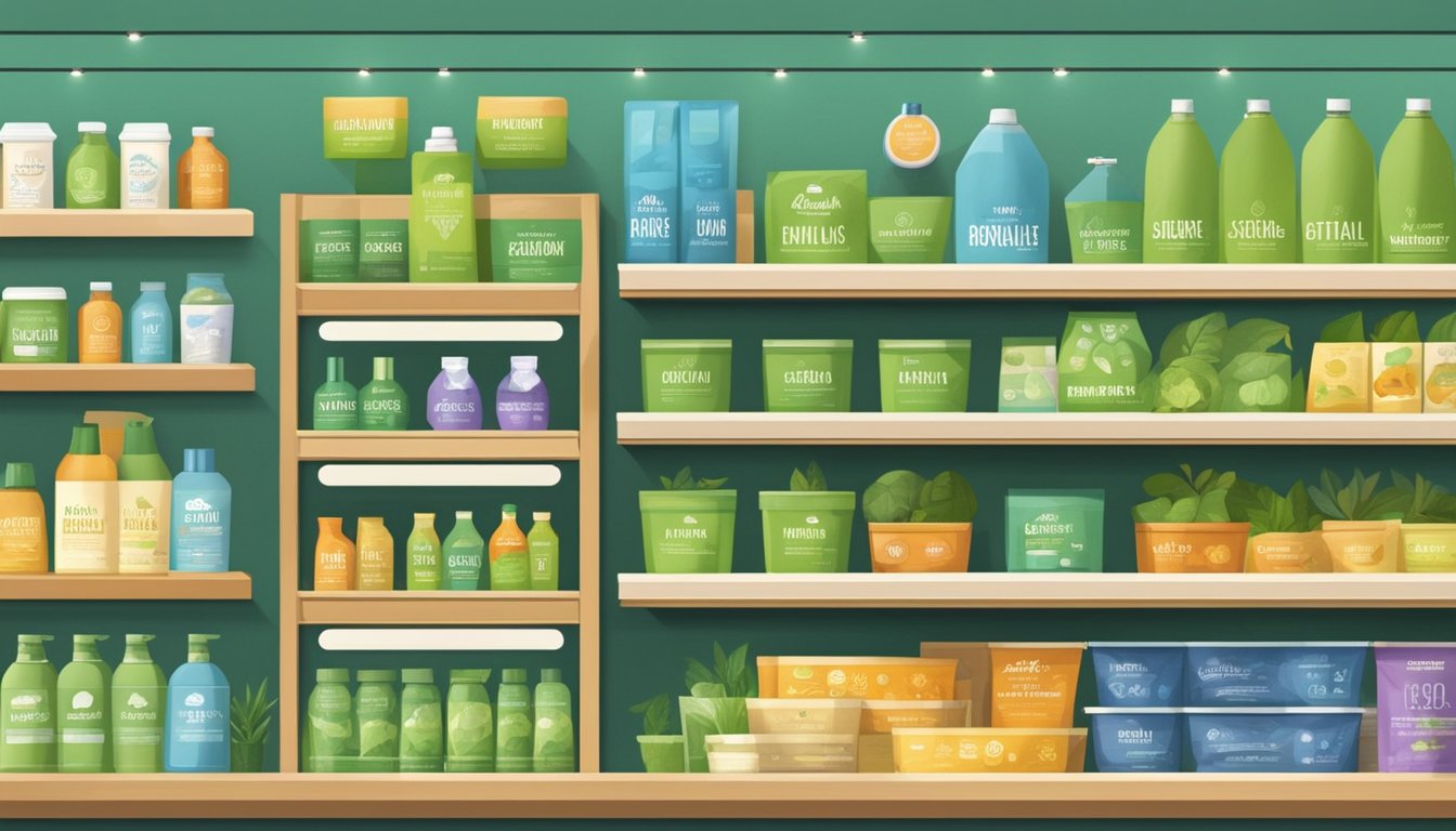A shelf of eco-friendly products, labeled "Sustainable and Ethical Choices," stands out among cheap brands in an American store