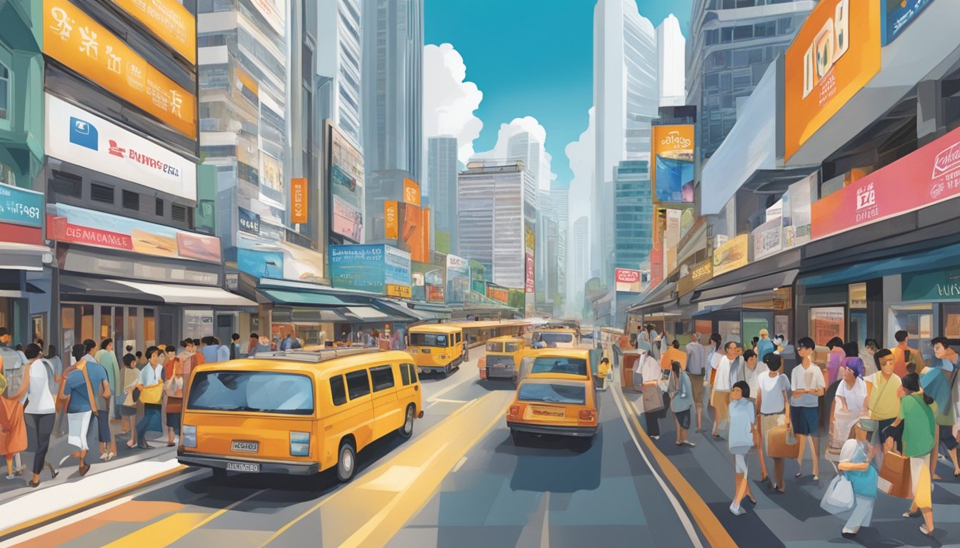 A bustling cityscape with prominent tobacco cigarette brand advertisements lining the streets and storefronts, showcasing the pervasive economic impact in Singapore