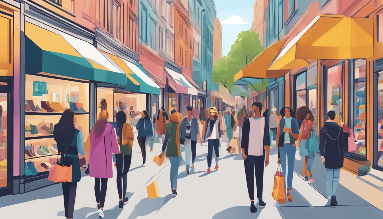 A bustling city street lined with colorful storefronts selling affordable fashion brands. Shoppers browse racks of trendy clothing and accessories, while Cos stands out with its sleek and modern storefront design