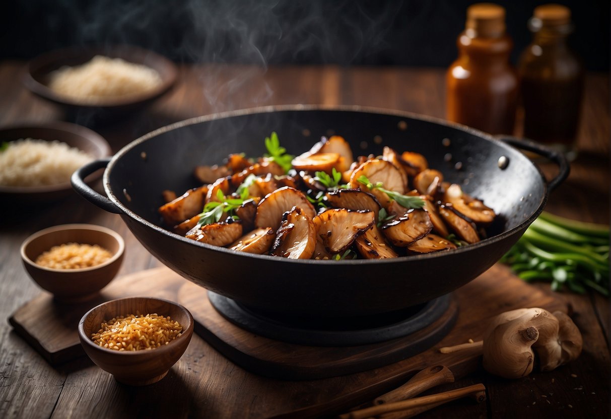 A sizzling wok stir-fries marinated chicken and shiitake mushrooms in a fragrant blend of soy sauce, ginger, and garlic