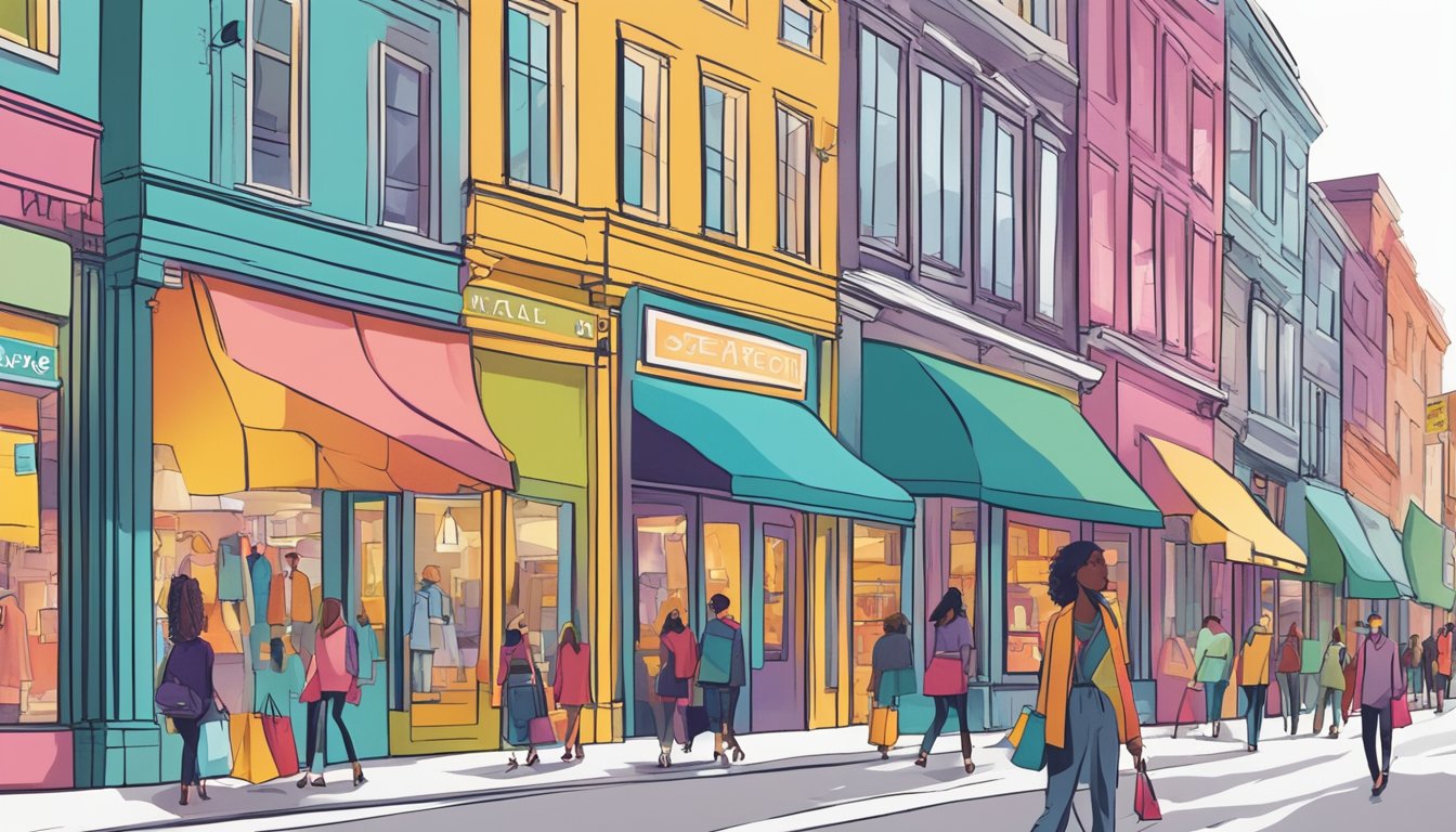A bustling street lined with colorful storefronts showcasing trendy yet affordable cheap brands in America. Shoppers browse through racks of stylish clothing and accessories, while bright signs advertise discounted prices