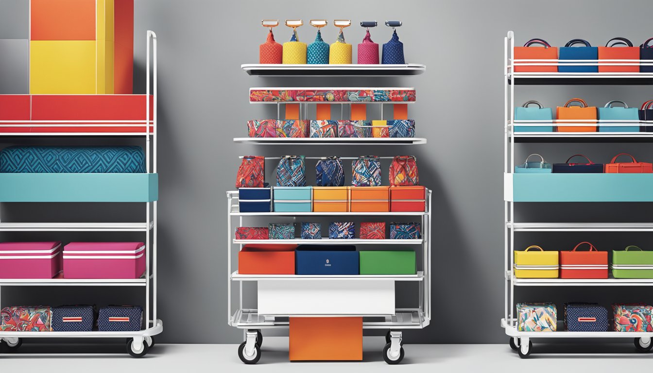 A display of Tommy brand accessories arranged on a sleek, modern cart. Bright colors and bold patterns catch the eye