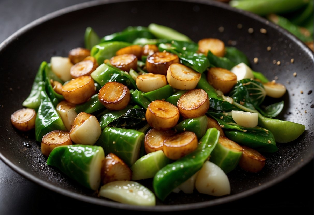 A wok sizzles with stir-fried Chinese veggies: bok choy, snow peas, and water chestnuts, seasoned with soy sauce and ginger