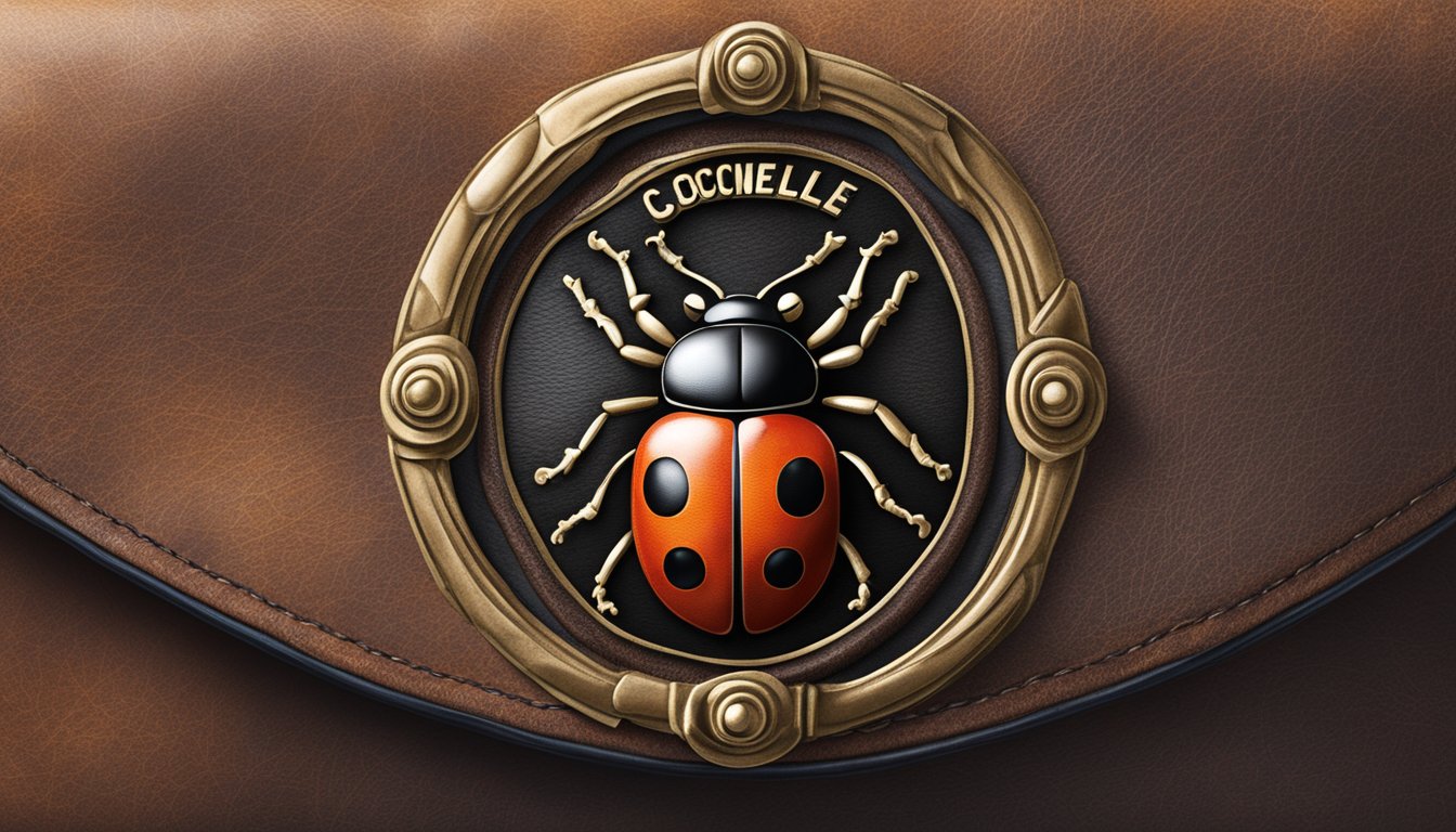 A vintage Coccinelle brand logo on a weathered leather handbag