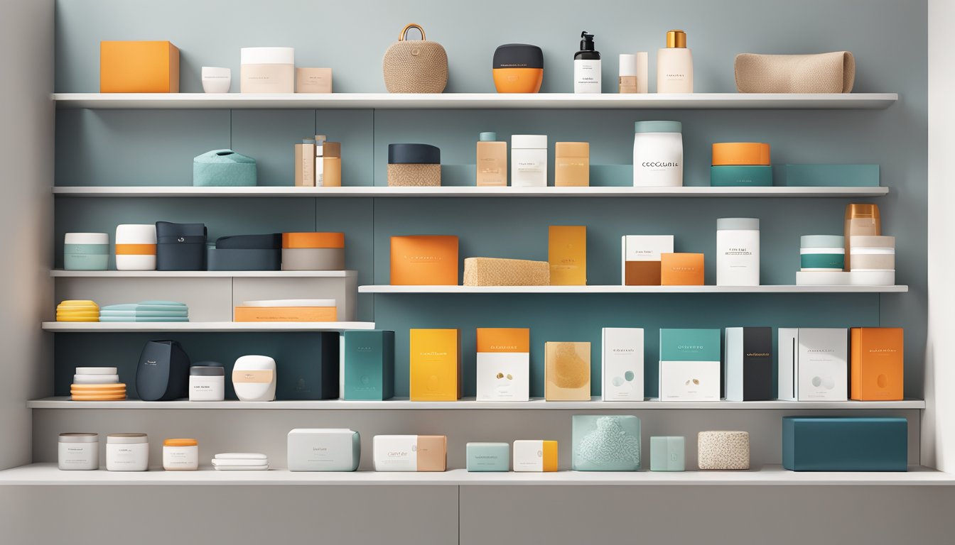 A display of Coccinelle brand products arranged on a sleek, modern shelf with clean lines and minimalistic design