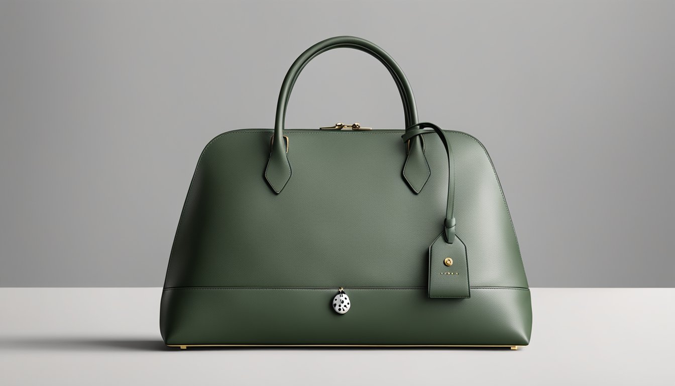 A sleek, modern handbag sits on a clean, minimalist table. The brand's iconic ladybug logo is subtly embossed on the leather