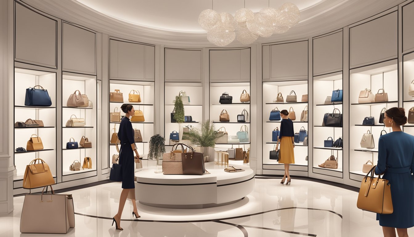A customer browsing through luxurious handbags and accessories at a Coccinelle brand store, with elegant displays and modern lighting creating a sophisticated shopping experience