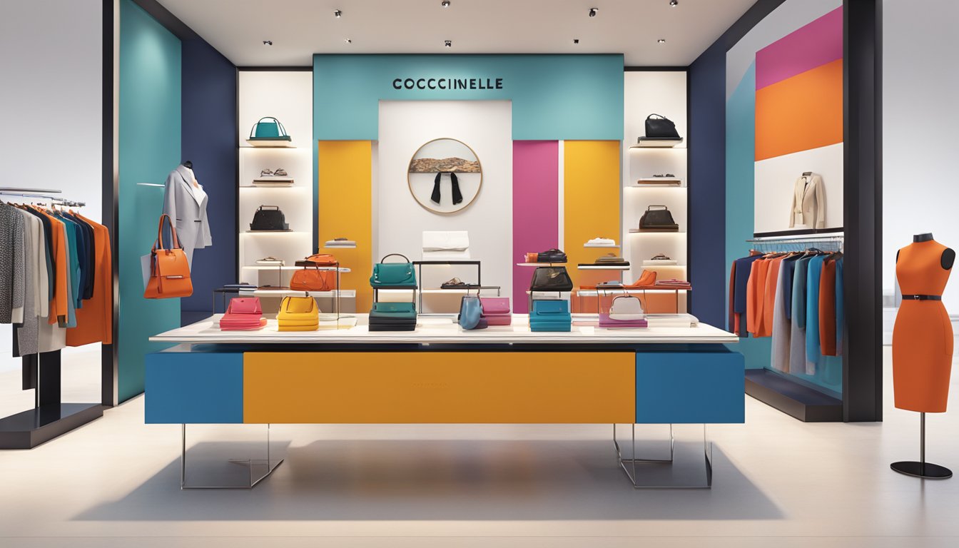A vibrant display of Coccinelle brand accessories on a sleek, modern display stand, showcasing the latest fashion statements in bold colors and luxurious materials