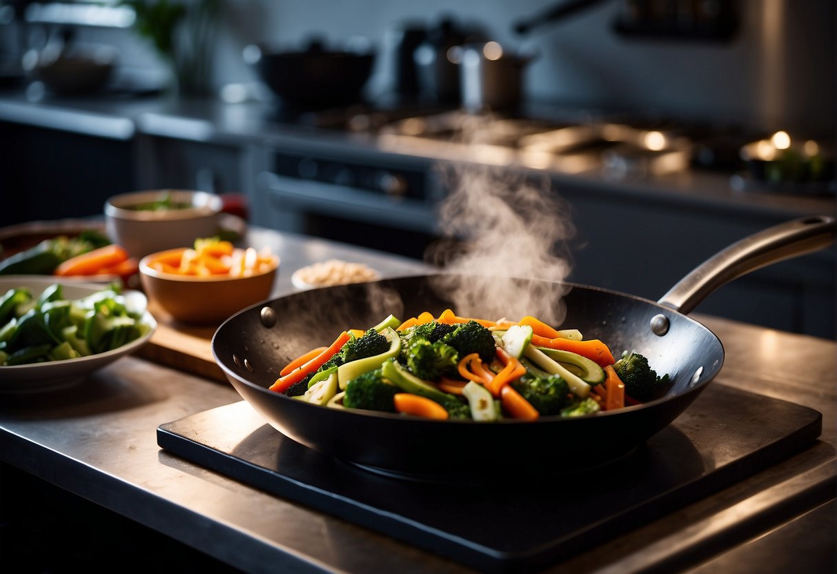 A wok sizzles with stir-fried Chinese veggies. A chef's knife, cutting board, and various vegetables and sauces are laid out on the countertop
