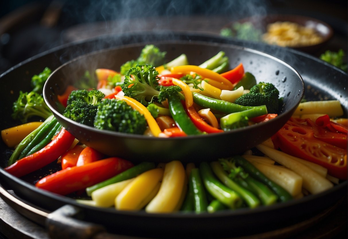 A colorful array of stir-fried Chinese vegetables sizzling in a wok, with vibrant greens, reds, and yellows, emitting a tantalizing aroma